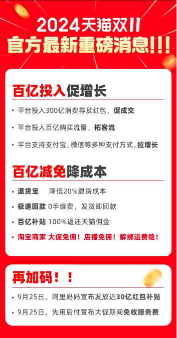 百亿投入再加码！天猫双11期间，淘宝天猫将免收“先后用付”服务费